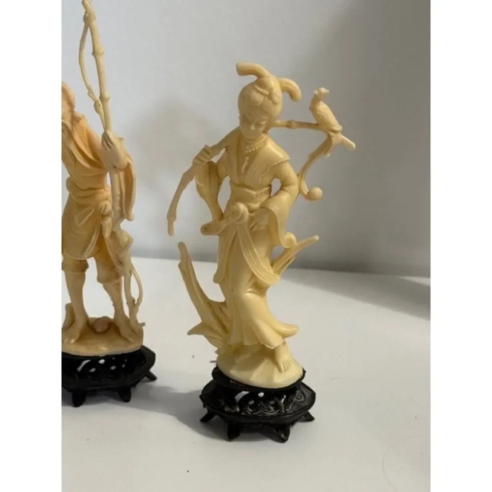 4 Statues Lot Asian Plastic Figurines Fish Sword Collectibles - Made in Italy